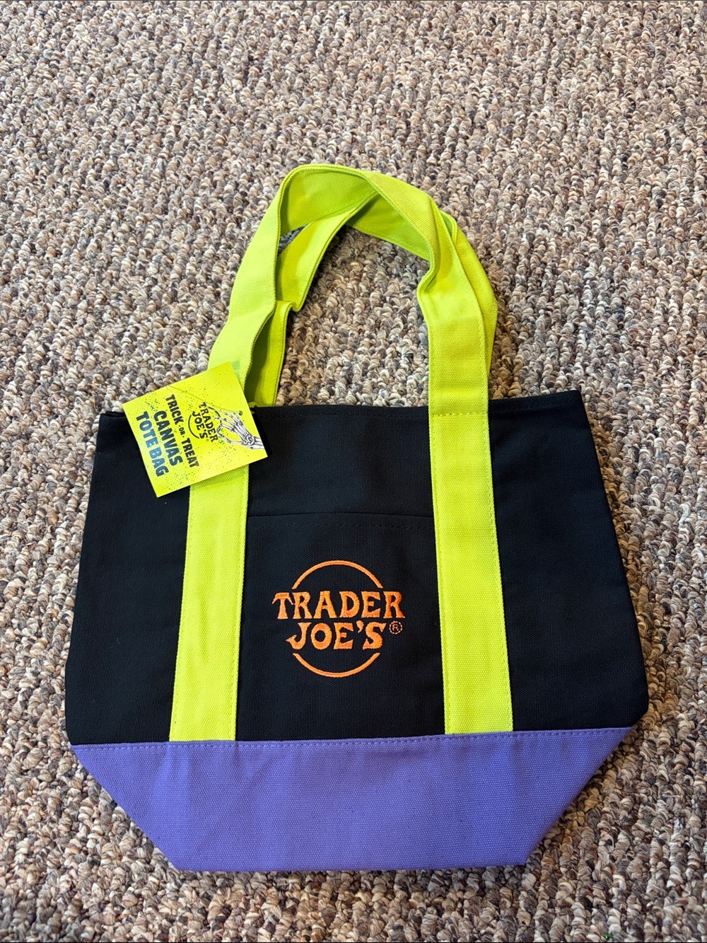 Trader Joe's Black Mini Tote with Lime Handles and Purple Base